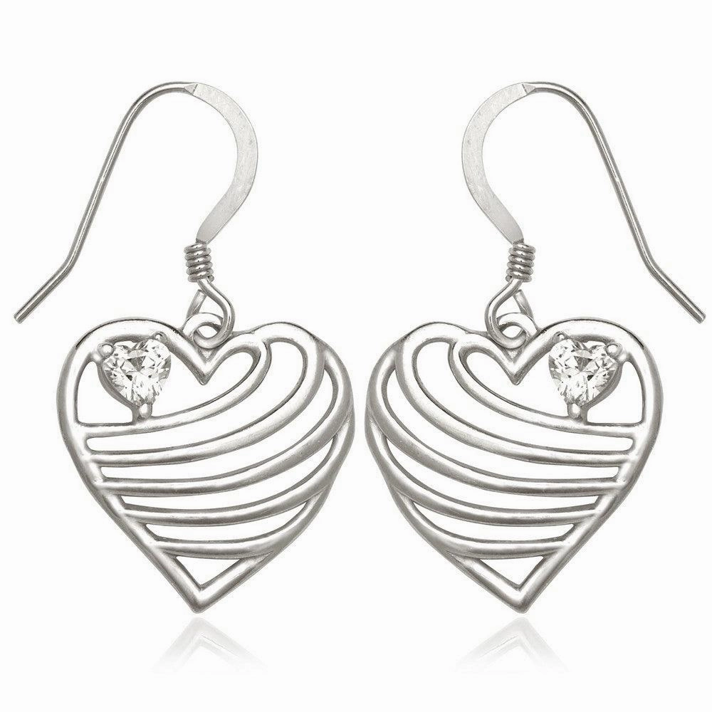 Sterling Silver Open Lined Heart CZ Heart Earrings
