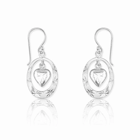 Sterling Silver Open Oval with Center Dangling Heart Earrings