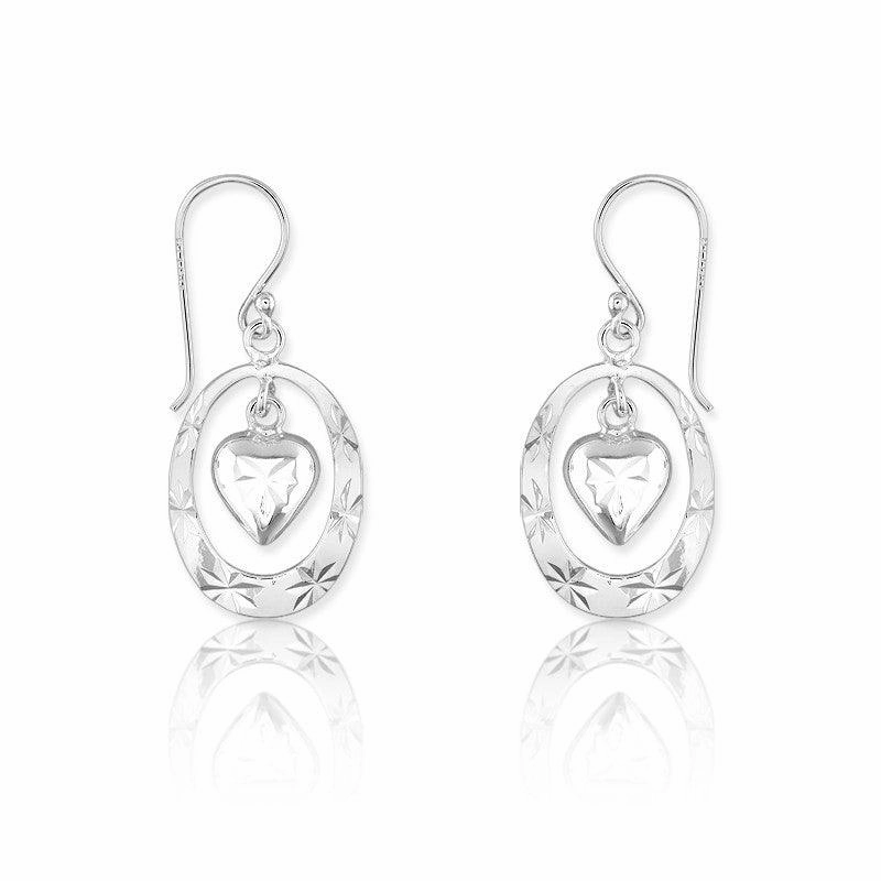Sterling Silver Open Oval with Center Dangling Heart Earrings