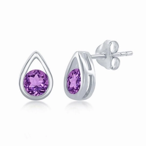 Sterling Silver Open Pear Shaped Amethyst Earrings