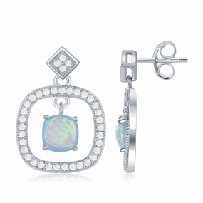 Sterling Silver Open Square Center Opal CZ Earrings