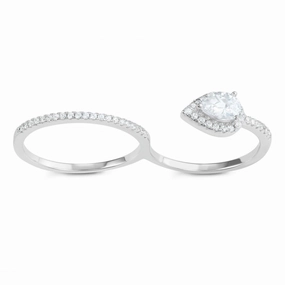 Sterling Silver Open Teardrop Double Finger Ring - W-1608