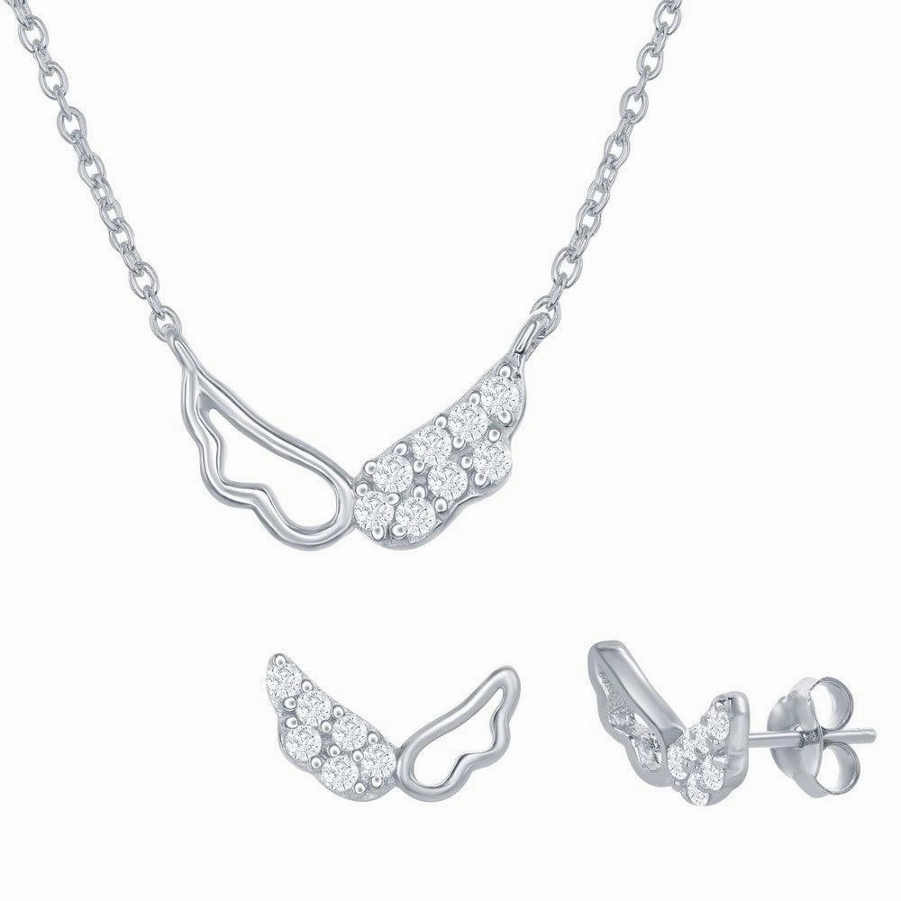 Sterling Silver Outline and CZ Wing Necklace and Earrings Set