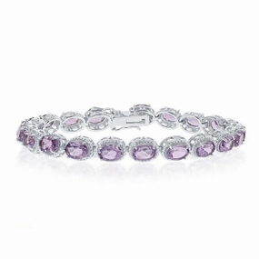 Sterling Silver Oval Amethyst with Rope Border Bracelet, 7.5"