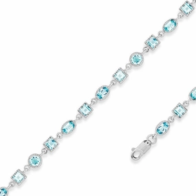 Sterling Silver Oval and Square Blue Topaz Gem Bracelet, 7.5"