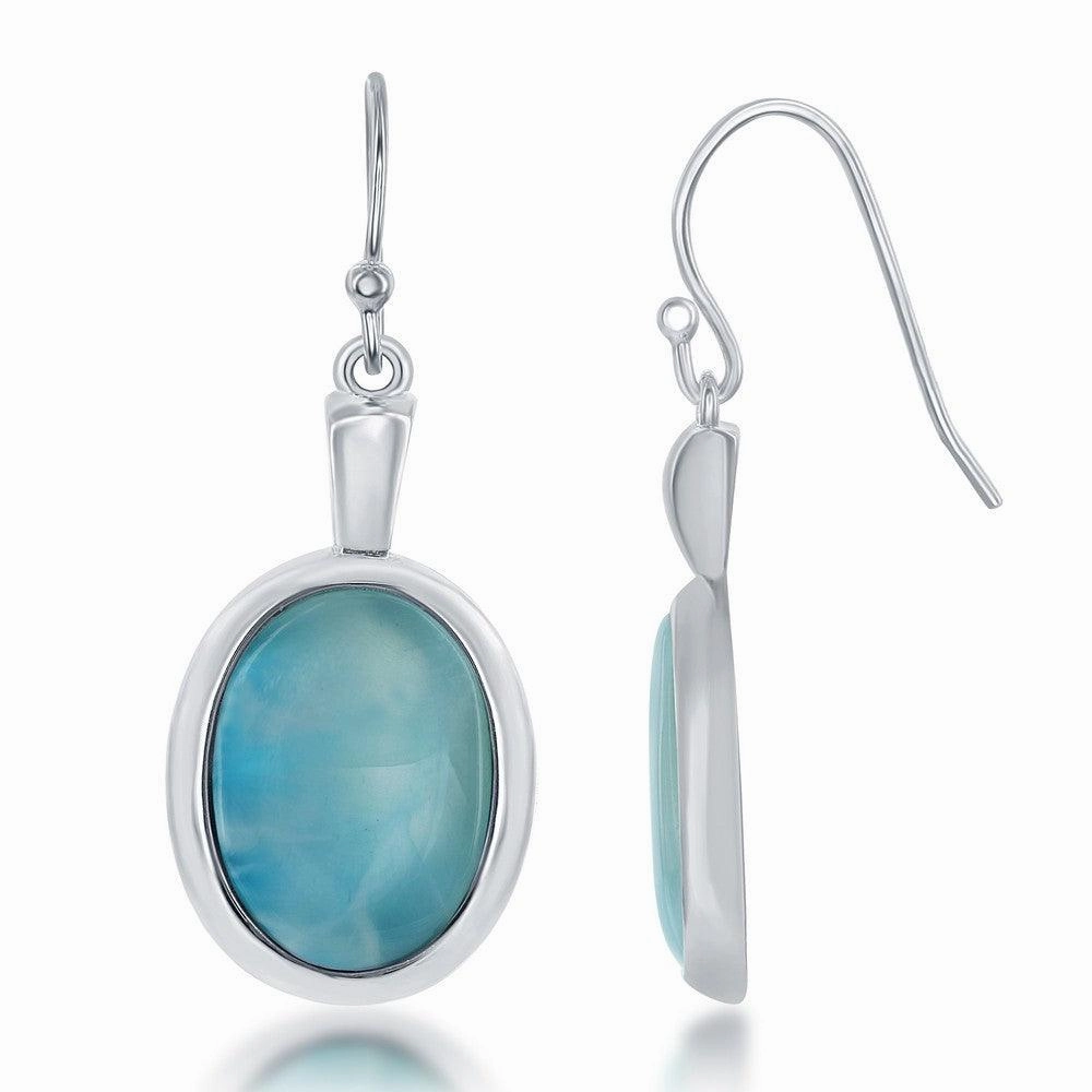 Sterling Silver Oval Bezel Set Larimar Dangling Earrings