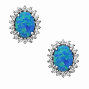Sterling Silver Oval CZ Blue Inlay Opal Earrings