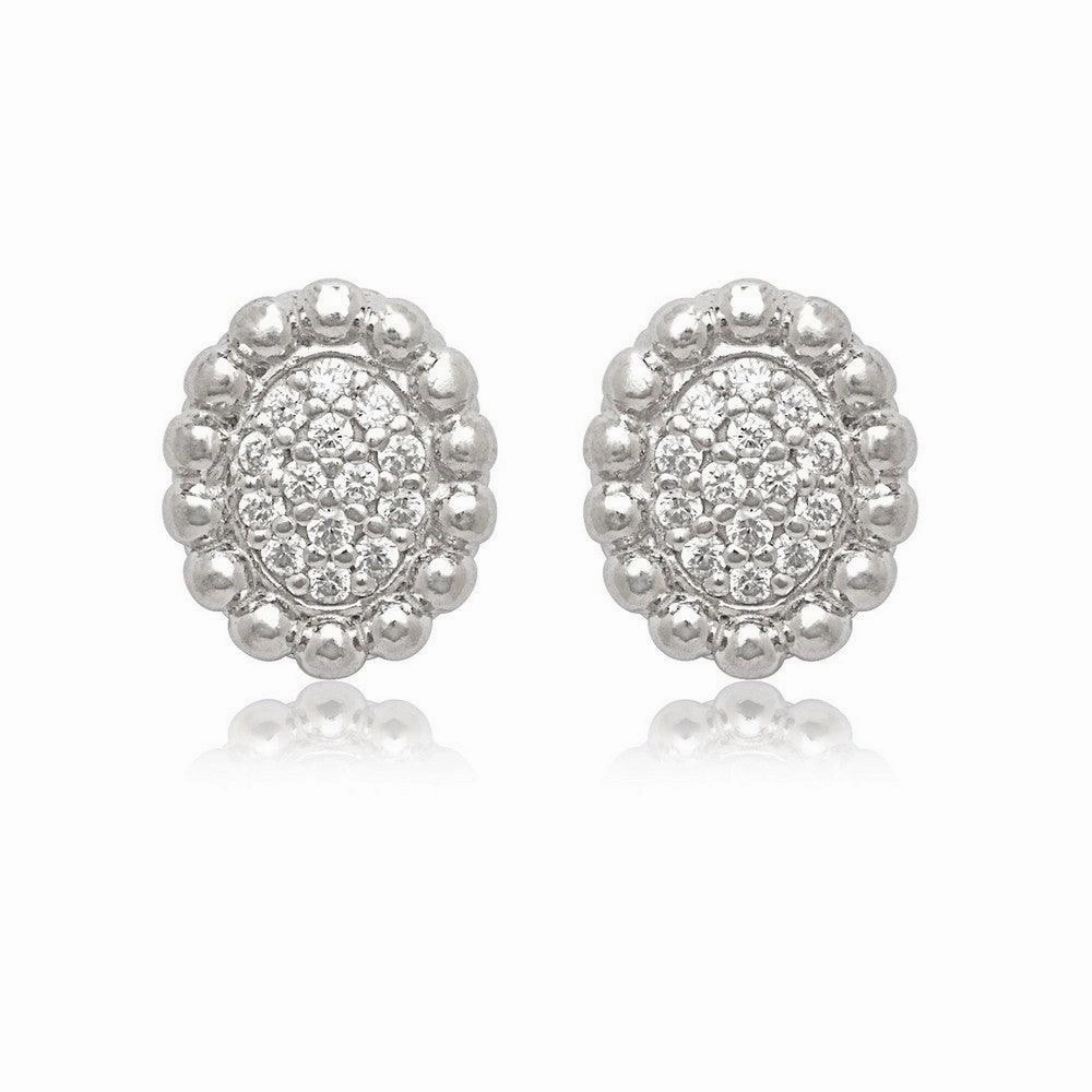 Sterling Silver Oval CZ with Beaded Stud Earrings