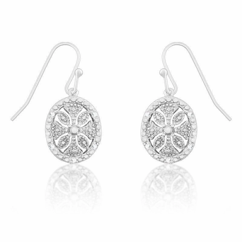 Sterling Silver Oval Disc Flower Diamond Earrings