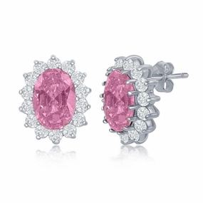 Sterling Silver Oval Pink CZ Clear Stud Earrings