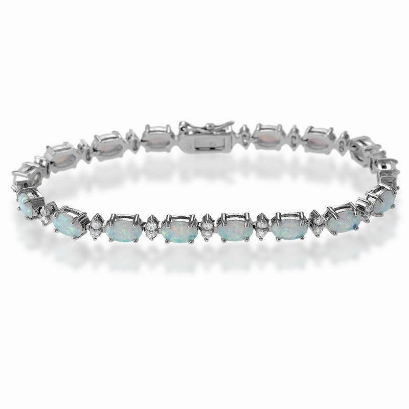 Sterling Silver Oval White Opal & Marquise Shape CZ Bracelet