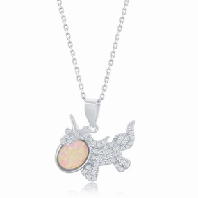 Sterling Silver Oval White Opal Unicorn CZ Pendant
