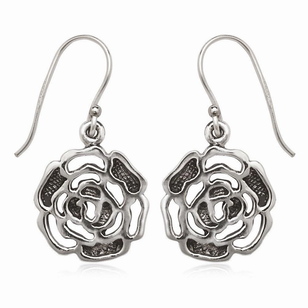 Sterling Silver Oxidized Open Rose Earrings