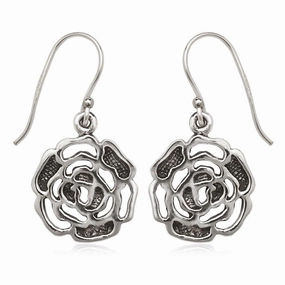 Sterling Silver Oxidized Open Rose Earrings