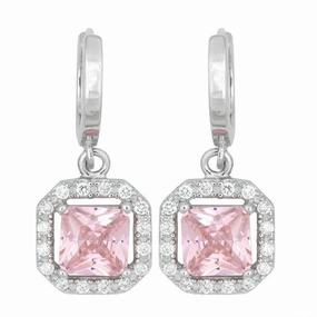 Sterling Silver Pink CZ Micro Pave Square Earrings