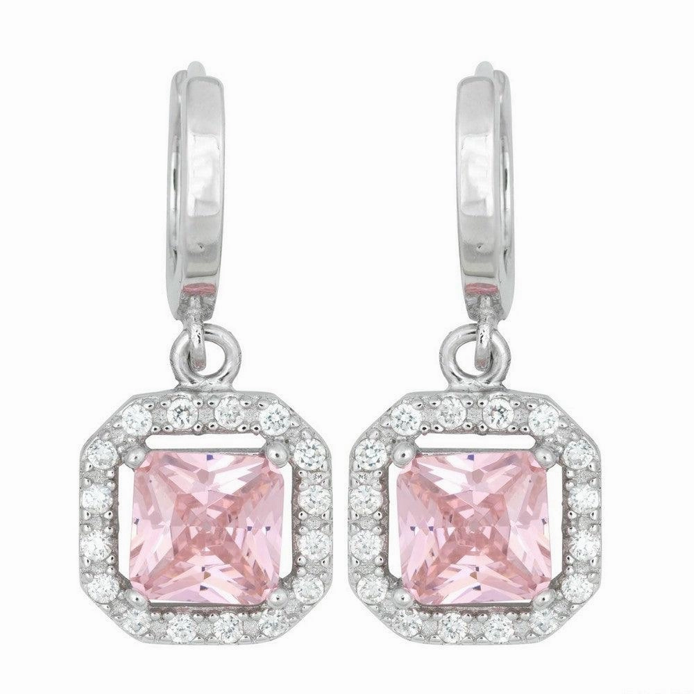 Sterling Silver Pink CZ Micro Pave Square Earrings