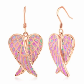Sterling Silver Pink Inlay Opal Angel Wings Earrings - Rose Gold Plated