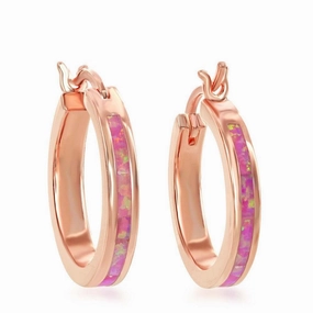 Sterling Silver Pink Inlay Opal Hoop Earrings