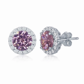Sterling Silver Pink Prong Round Stud Earrings