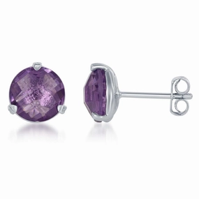 Sterling Silver Purple Round Amethyst Stud Earrings
