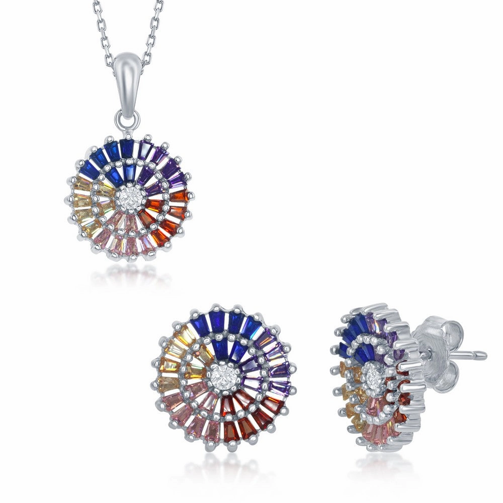 Sterling Silver Rainbow Baguettes CZ Disc Pendant & Earrings Set