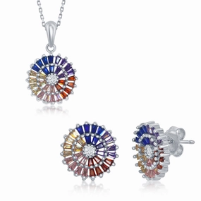 Sterling Silver Rainbow Baguettes CZ Disc Pendant & Earrings Set