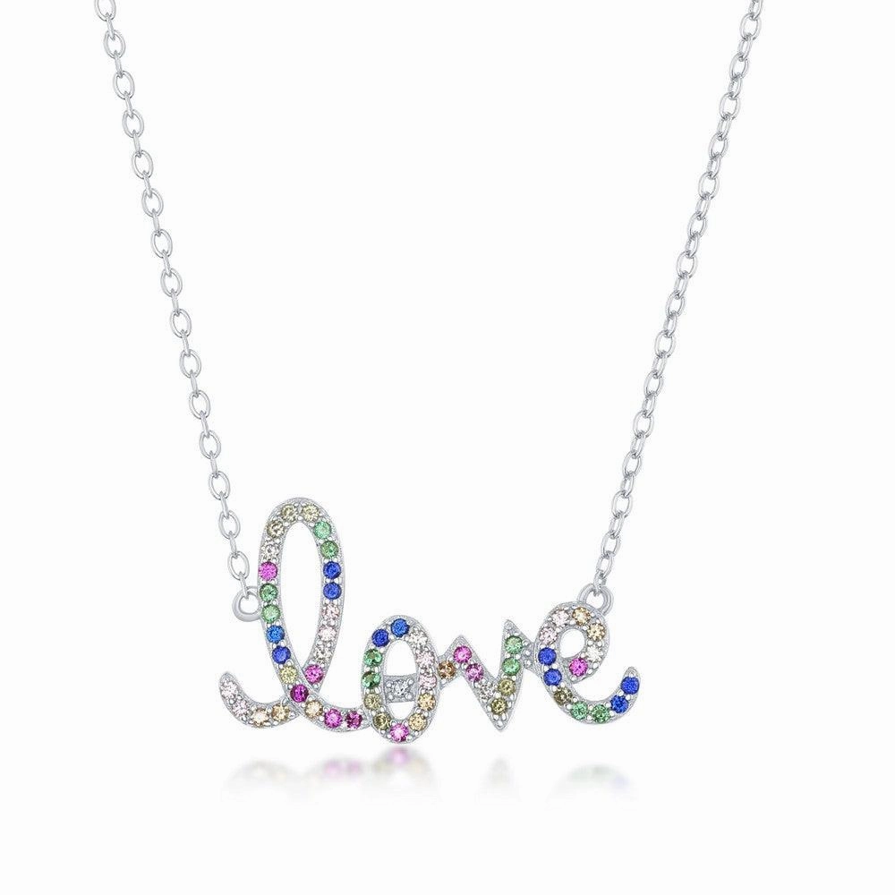 Sterling Silver Rainbow Cubic Zirconia 'Love' Script Necklace