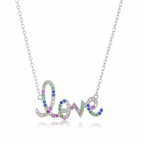 Sterling Silver Rainbow Cubic Zirconia 'Love' Script Necklace
