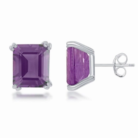 Sterling Silver Rectangle Amethyst Prong Set Stud Earrings