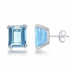 Sterling Silver Rectangle Blue Topaz Stud Earrings