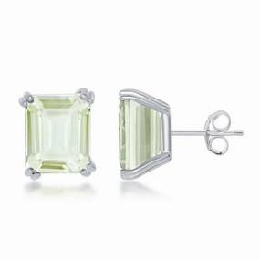 Sterling Silver Rectangle Green Amethyst Prong Set Stud Earrings