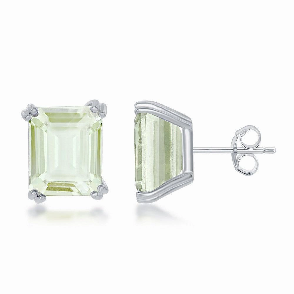 Sterling Silver Rectangle Green Amethyst Prong Set Stud Earrings