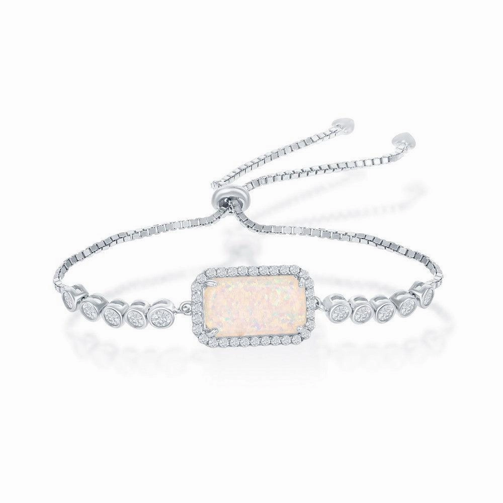 Sterling Silver Rectangle White Opal with CZ Border Bezel-Set CZ Adjustable Bolo Bracelet