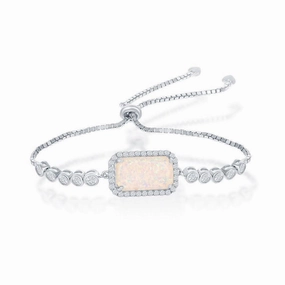Sterling Silver Rectangle White Opal with CZ Border Bezel-Set CZ Adjustable Bolo Bracelet