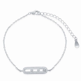 Sterling Silver Rectangle with Sliding Bezel-Set CZ Bracelet, 6"