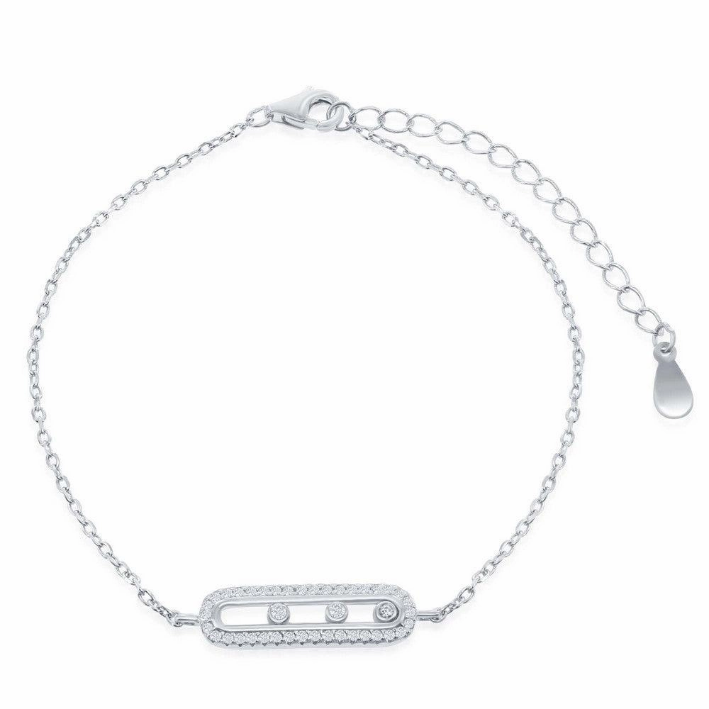 Sterling Silver Rectangle with Sliding Bezel-Set CZ Bracelet, 6"