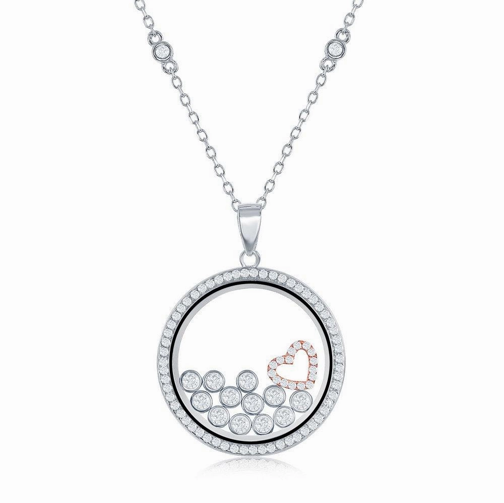 Sterling Silver RG Floating Heart & Round CZ's in a Disc Necklace