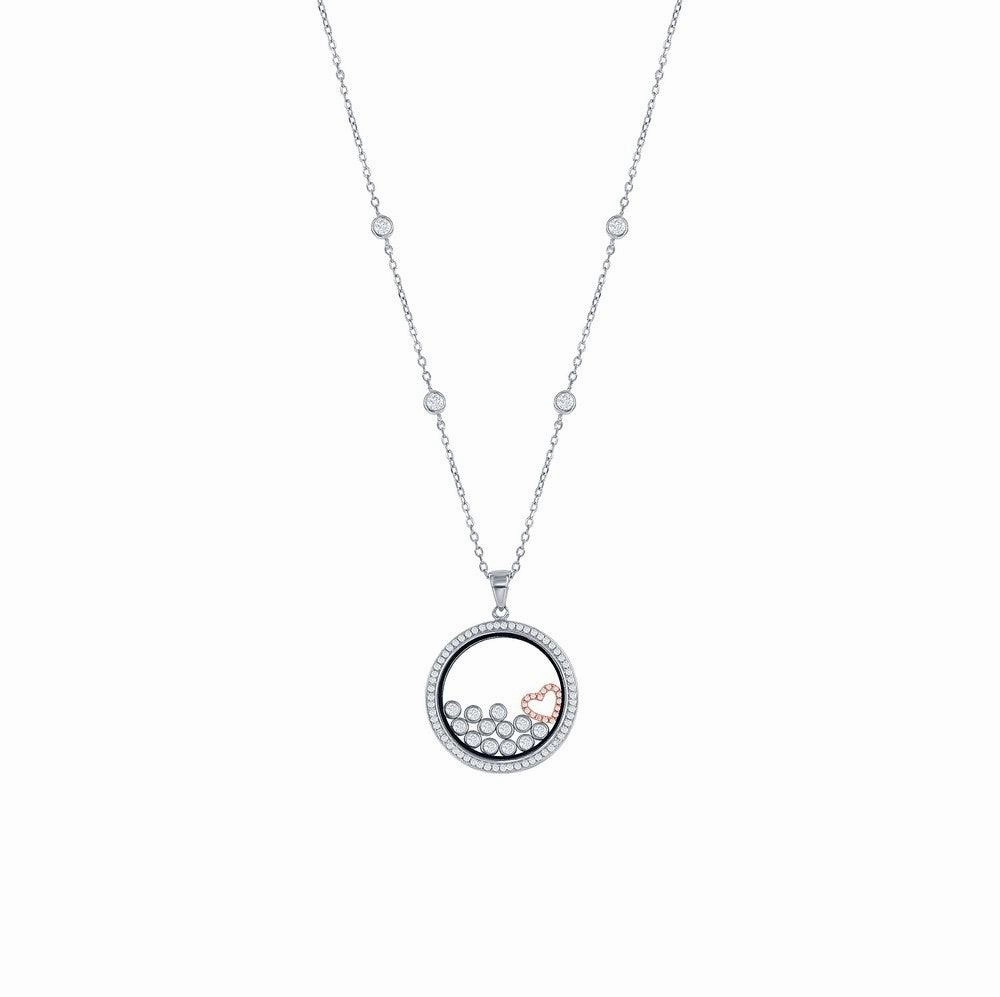 Sterling Silver RG Floating Heart & Round CZ's in a Disc Necklace