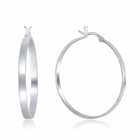 Sterling Silver Rhodium Plated Flat Hoop Earrings, 4 x 40 mm
