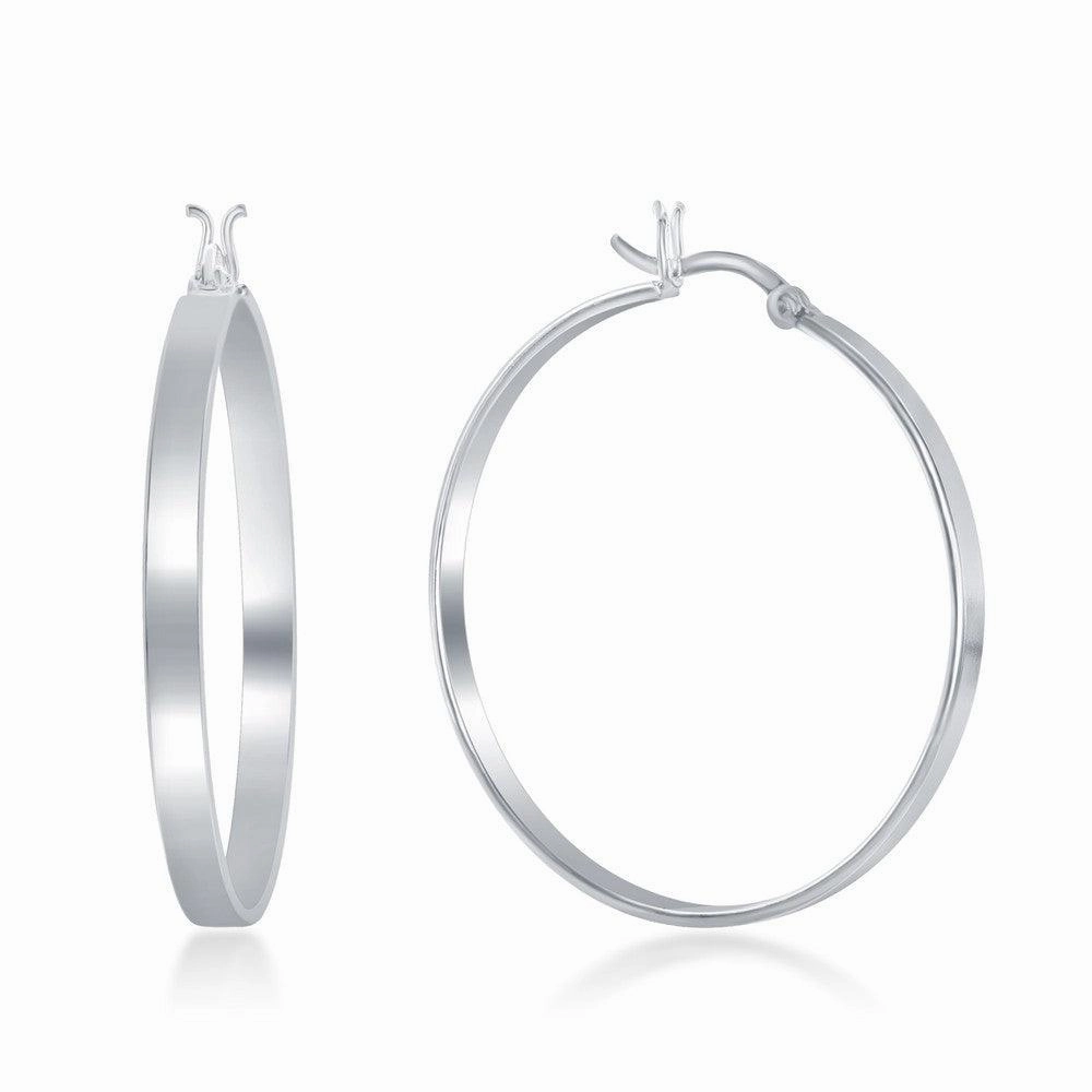 Sterling Silver Rhodium Plated Flat Hoop Earrings, 4 x 40 mm