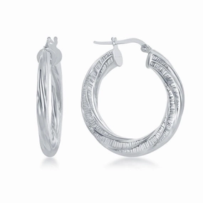 Sterling Silver Rhodium Plated Twisted Designed Hoop Earrings