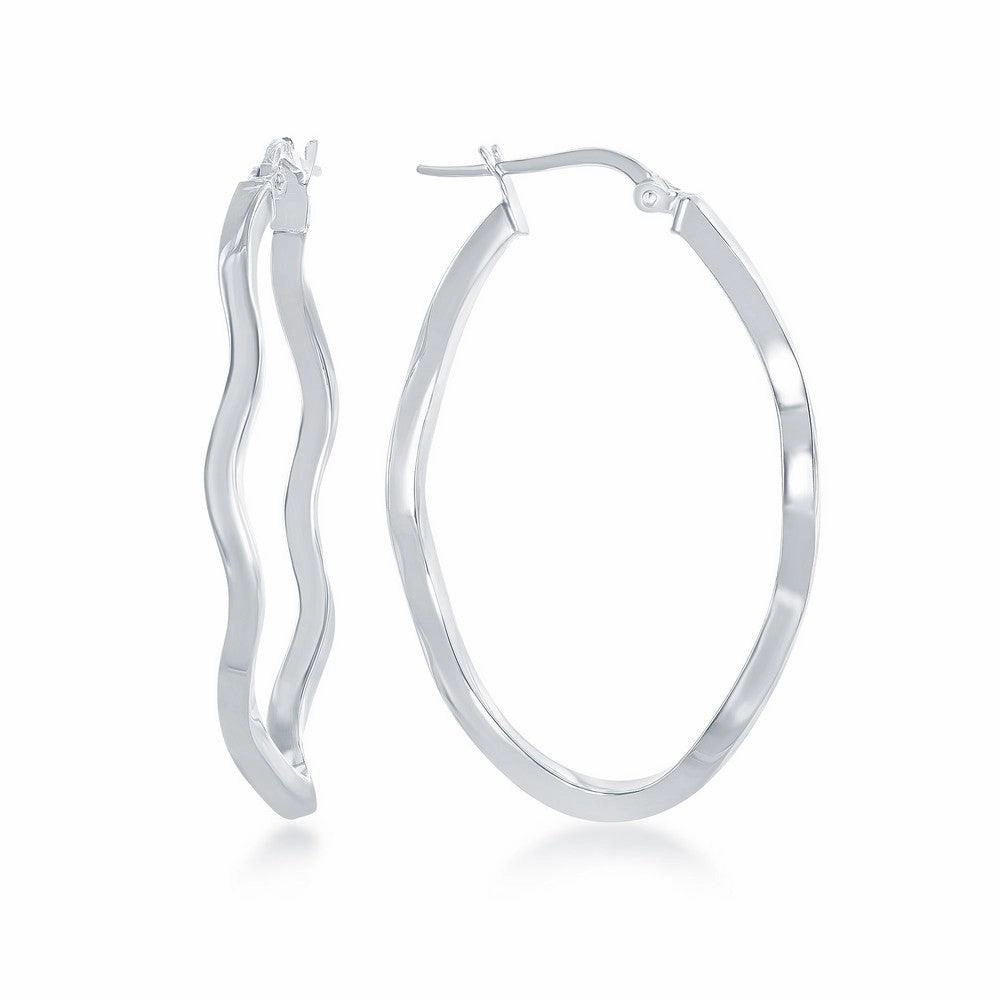 Sterling Silver Rhodium Plated Wavy Designed Oval Hoop Earrings