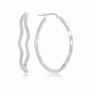 Sterling Silver Rhodium Plated Wavy Designed Oval Hoop Earrings