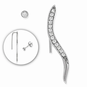Sterling Silver Ripple Style CZ Climber Earrings