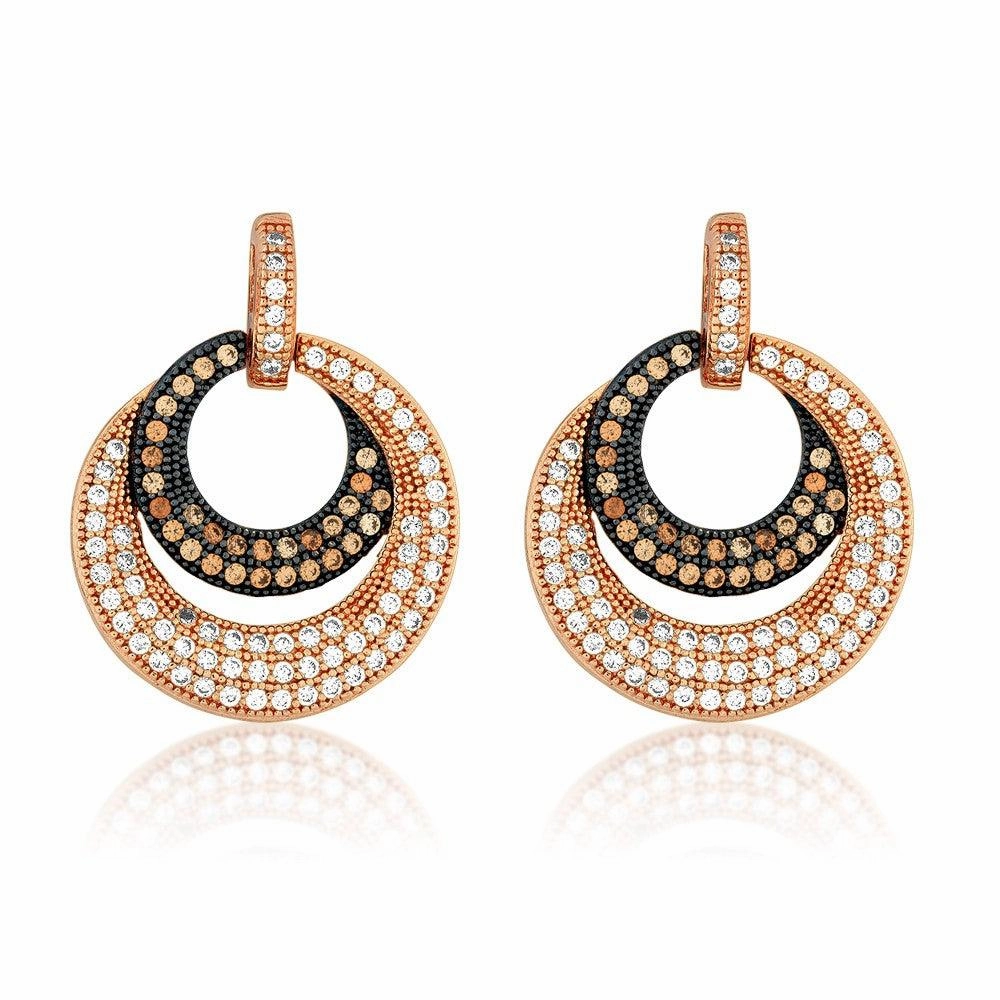 Sterling Silver Rose Gold Circle with Pave Earrings