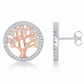 Sterling Silver Rose Gold CZ Round Tree Earrings