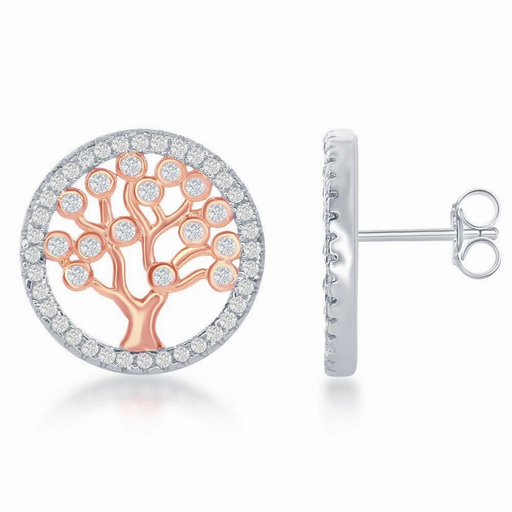 Sterling Silver Rose Gold CZ Round Tree Earrings