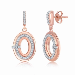 Sterling Silver Rose Gold Plated Designed CZ Oval Earrings