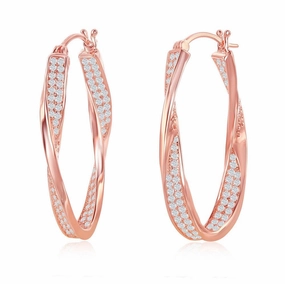 Sterling Silver Rose Gold Plated Micro Pave Twisted Oval Earrings