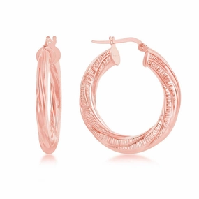 Sterling Silver Rose Gold Plated Twisted Designed Hoop Earrings
